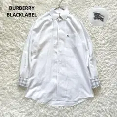 バーバリーブラックレーベル シャツ ホース刺繍 ノバチェック 麻綿 白 M相当