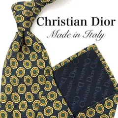 【美品】Christian Dior ネクタイ 総柄 花柄 ネイビー イエロー