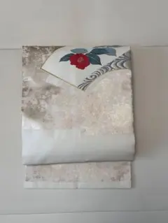名古屋帯 花柄 椿 扇面文 白地