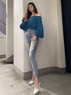 GYDA H/WボタンBACKポケットレースアップスキニーデニムパンツ