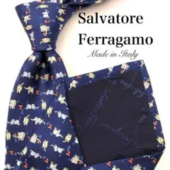 【美品】Salvatore Ferragamo ネクタイ 総柄 ネイビー 青