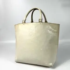 良品 ヒロフ ハンドバッグ 腕掛け ホワイト 白 本革 レザー Hロゴ