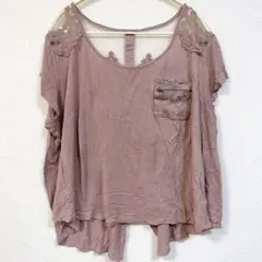 カットソー 【2XL】 ピンク くすみカラー レース 刺繍 透け感 胸ポケット