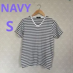 NAVY 白黒ストライプ Vネック Tシャツ