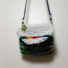 棒針編みポシェット 白と緑のストライプ