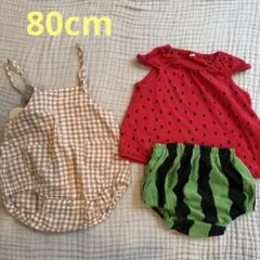 80cm ベビー服 2点セット スイカ柄セットアップ ギンガムチェックロンパースのサムネイル