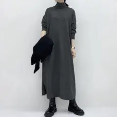 KAGUREかぐれウールシルクニットワンピースタートルネックチャコールグレー