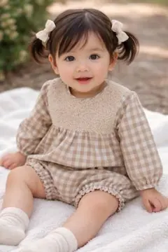 ママラク　セットアップ 80cm ギンガムチェック ベージュ 女の子 ブルマ