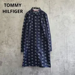 【美品】トミーヒルフィガー ヨット総柄 長袖シャツワンピース ネイビー S