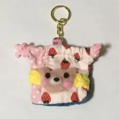 ピンクのクマの巾着型キーホルダー（苺・ドット柄・デニム）　ハンドメイド
