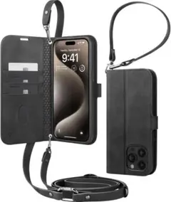 iPhone 15 Pro ケース 手帳型 ストラップ付き ブラック