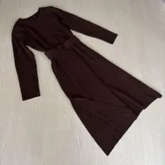 リエンダ ダークブラウン 長袖 ニットロングワンピース ベルト付き フリーサイズ