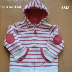 【PETIT BATEAU】フード付きパーカー赤白ボーダーポケットつき　18M