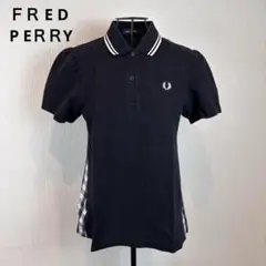 ★FRED PERRY★S★黒ポロシャツ★異素材チェック柄切替★左胸ロゴ刺繍有★のサムネイル