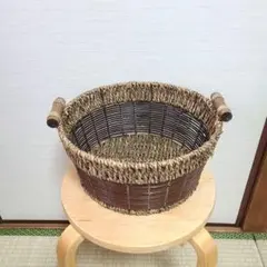 天然素材 円形バスケット 木製持ち手付き