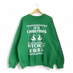 海外輸入 トレーナー 裏起毛 XXL相当 メンズ クリスマス トナカイ 緑 古着