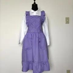 【未使用】フリル付きエプロン　紫色　パープル　ラベンダー刺繍　昭和レトロ
