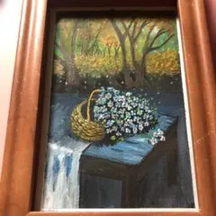紅葉とお花いっぱいのバスケット　水彩画　絵手紙　原画 風景画　ハガキサイズ