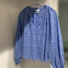 H&M 長袖 アイレットレース ブラウス ブルー Mのサムネイル