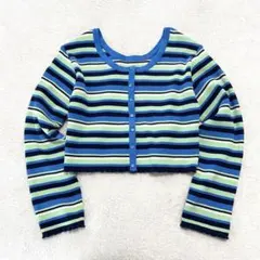 美品 Wcloset ボーダー リブ クロップド カーディガン F ブルー