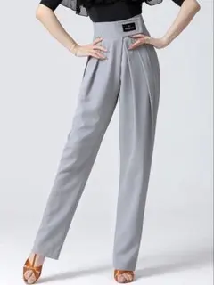 【新品】ワイドテーパードハイウエストパンツ 社交ダンススラックス ライトグレーM