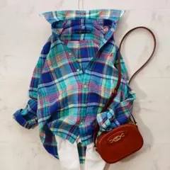 美品 ラルフローレン 近年 リネン100％ マドラスチェック ボタンダウンシャツ