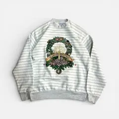 USA古着 アメリカ製 リーフプリント ボーダー ヴィンテージスウェット 個性派