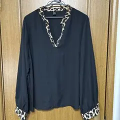 ヒョウ柄襟袖 ブラウス 長袖 ブラックXLサイズ