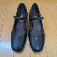 あしながおじさん 太ヒール パンプス ストラップ 22.5cm 黒 本革