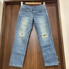 【Lee】リー ライトブルー ダメージデニム XS ラベル 革パッチ レザー