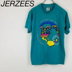 JERZEES プリントTシャツ 地球 フラワー メッセージTシャツ ターコイズ