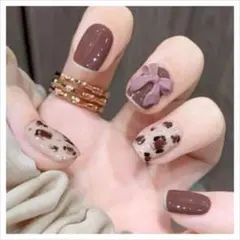 《N437》既成ネイルチップ24枚セット 茶色 ヒョウ柄 レオパード リボン