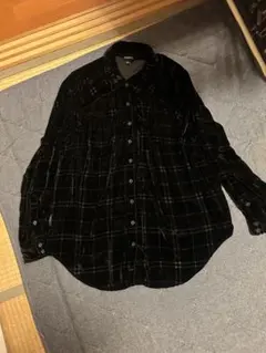 ブラック チェック柄 ベロアシャツ