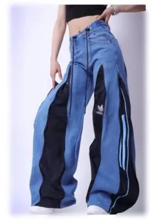 4ジッパーデニム ワイドパンツ adidas古着リメイク 101319 - メルカリ