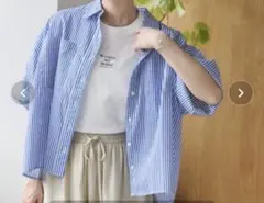 ANGIEシアーオーバーサイズレギュラーカラー半袖シャツ／無地／ストライプのサムネイル