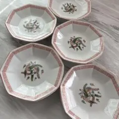 八角形の花と鳥デザイン中華皿 5枚セット