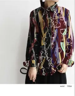 【美品】アンティカ スカーフ柄 アシンメトリーシャツ 長袖 総柄 チェーンのサムネイル
