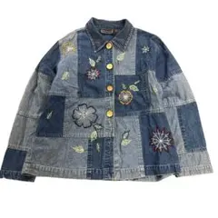 8LA1 デニムシャツジャケット　花柄刺繍　パッチワーク風　インド製　L 古着