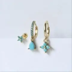 3ピースセット ピアス ターコイズ 18K 小花 雫 パワーストーン
