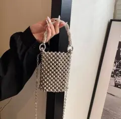 ビーズ ミニバッグ スマホポーチ ショルダーバッグ シルバー 韓国ファッション