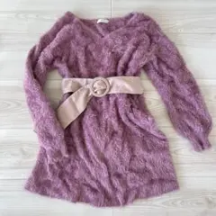 ミーア　Aライン　シャギーニット　プルオーバー　パフスリーブ　Vネック　ピンク