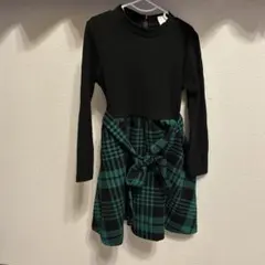黒・緑チェック 長袖ワンピース　2-3y