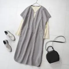 新品グレーアイボリーアーバンリサーチニットＶネックメルトンジャンスカワンピース春