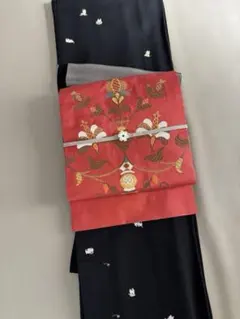 正絹 紬地 九寸名古屋帯 更紗文様 赤紅 美品