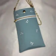 携帯用スマホポーチ　リボン刺繍 ハンドメイドスマホショルダーポーチ