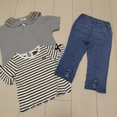 ストライプフリル袖Tシャツとデニムパンツセット 100cm