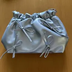 新品シルバー リボン付き 巾着型ショルダーバッグ