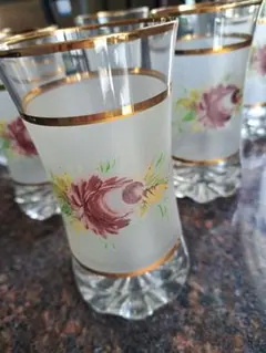 イタリア製　フロストガラス 花柄 コップ 6個セット