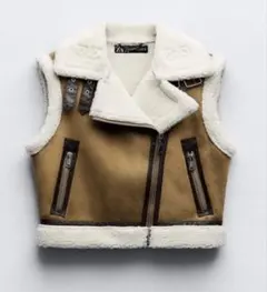 ZARA ザラ ムートン風 ボア ベスト レザー切替 キャメル ブラウン
