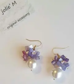 再販！ラスト1点！紫陽花フラワー　大粒パール　ハンドメイドピアス　イヤリング